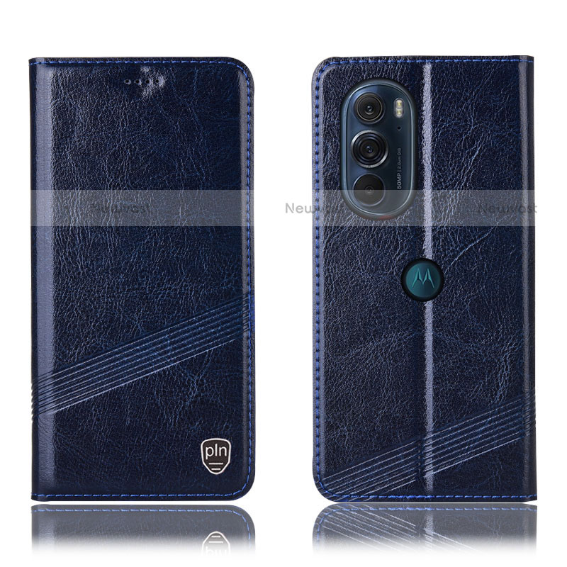 Leather Case Stands Flip Cover Holder H09P for Motorola Moto Edge Plus (2022) 5G Blue