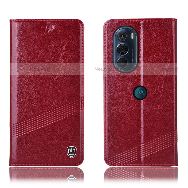 Leather Case Stands Flip Cover Holder H09P for Motorola Moto Edge Plus (2022) 5G Red