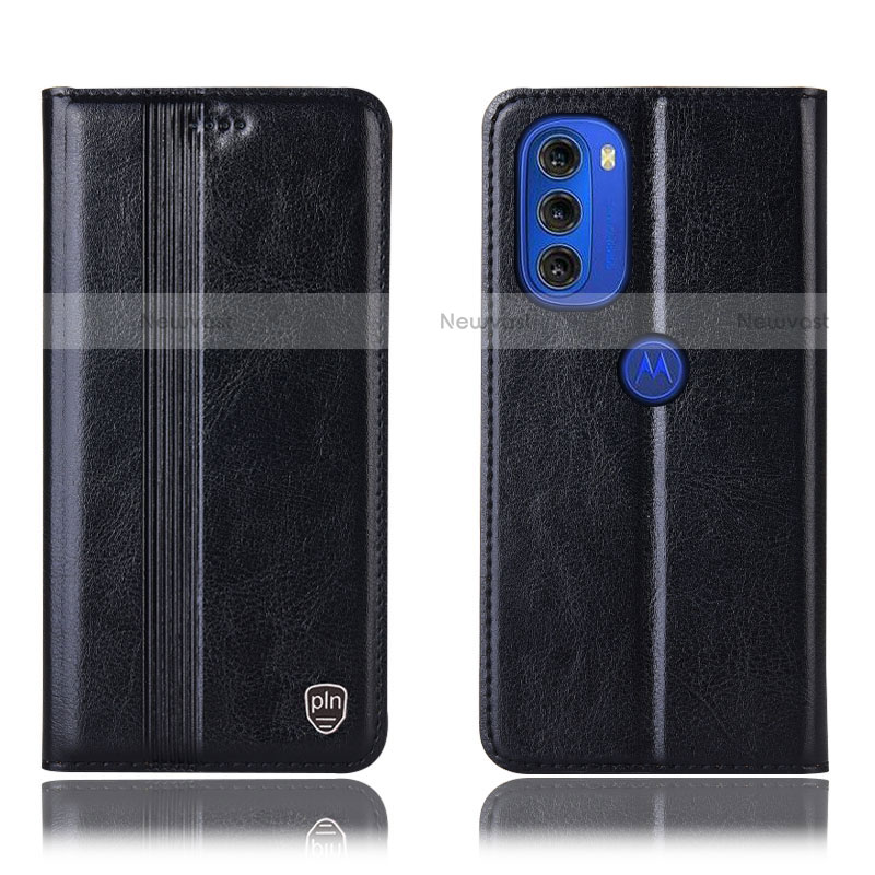 Leather Case Stands Flip Cover Holder H09P for Motorola Moto G51 5G Black