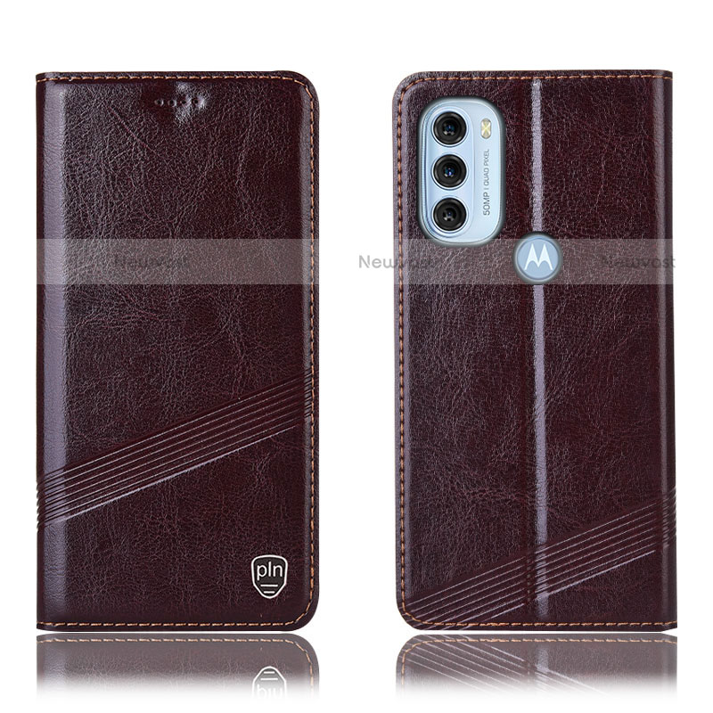 Leather Case Stands Flip Cover Holder H09P for Motorola Moto G71 5G Brown