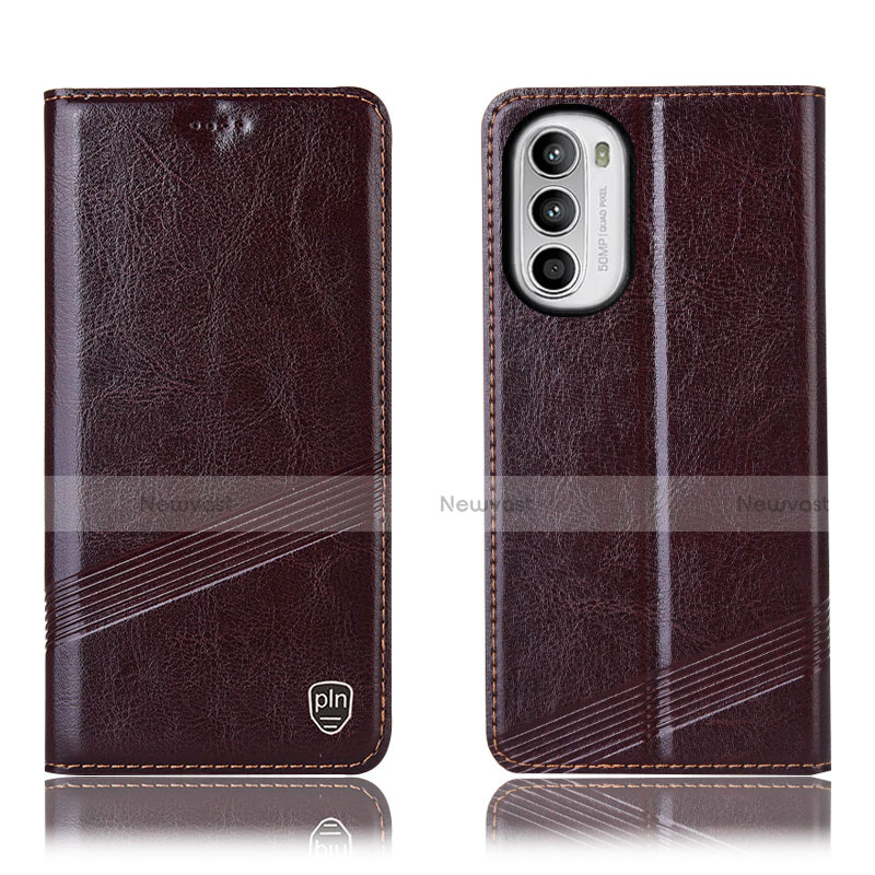 Leather Case Stands Flip Cover Holder H09P for Motorola Moto G71s 5G Brown