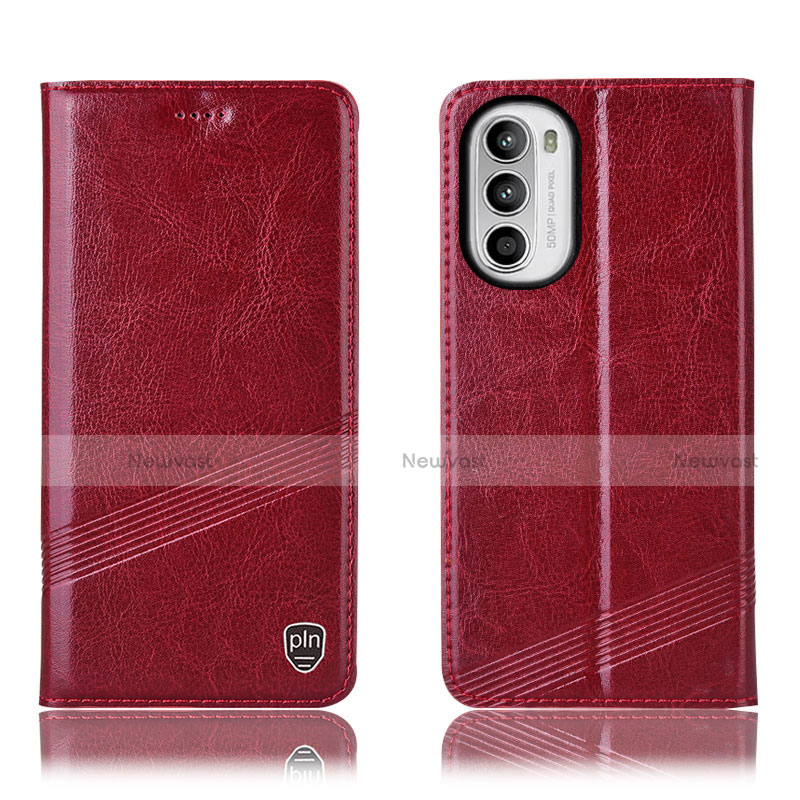 Leather Case Stands Flip Cover Holder H09P for Motorola Moto G71s 5G Red