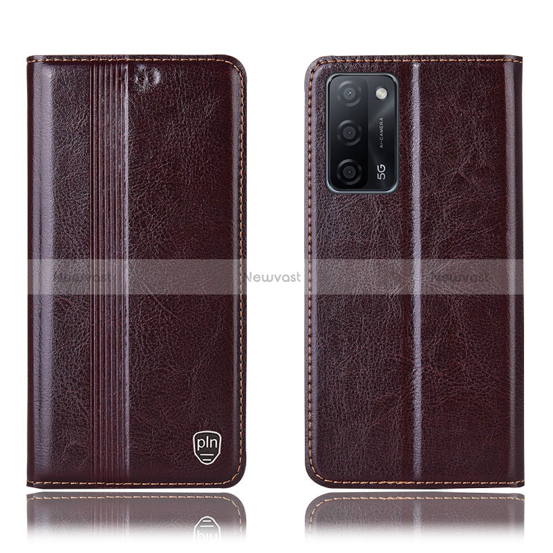 Leather Case Stands Flip Cover Holder H09P for Oppo A53s 5G Brown