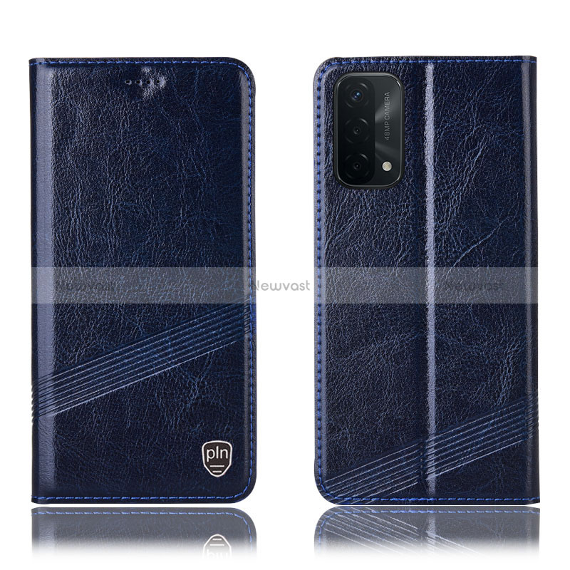Leather Case Stands Flip Cover Holder H09P for Oppo A54 5G Blue