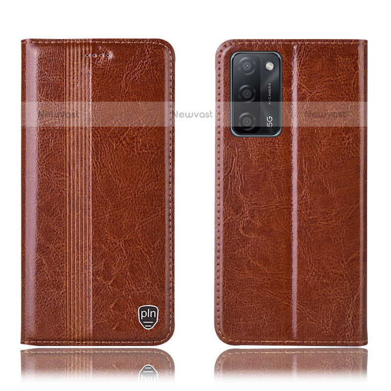 Leather Case Stands Flip Cover Holder H09P for Oppo A55 5G Light Brown