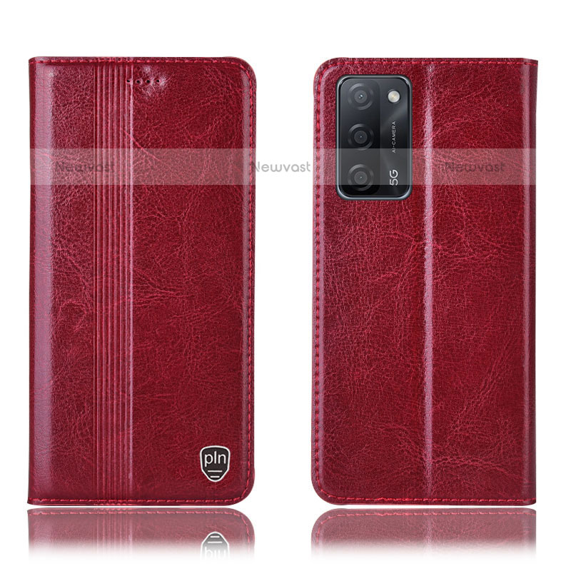 Leather Case Stands Flip Cover Holder H09P for Oppo A55 5G Red