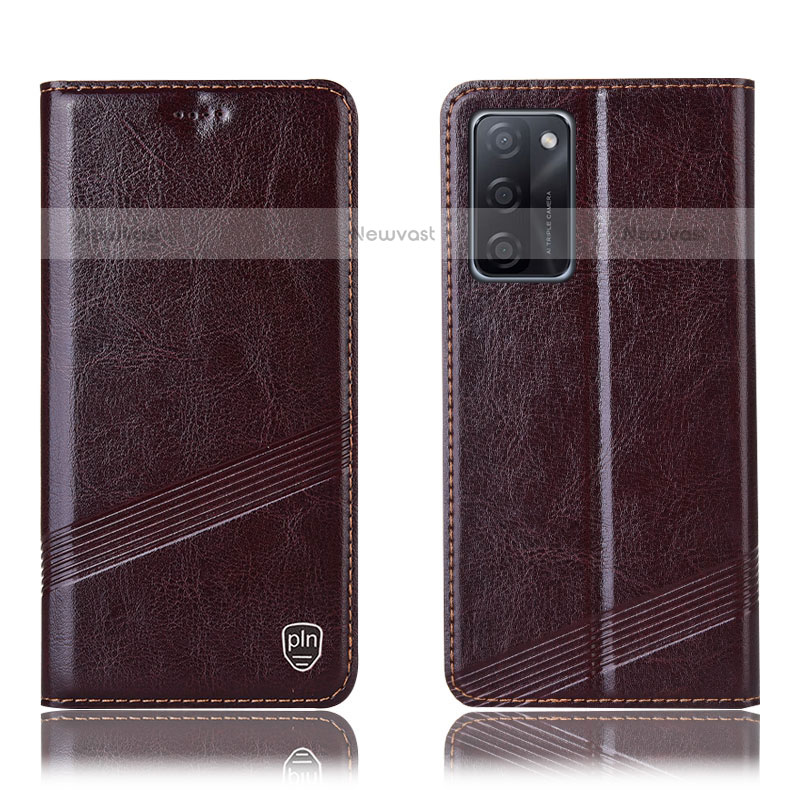 Leather Case Stands Flip Cover Holder H09P for Oppo A55S 5G Brown