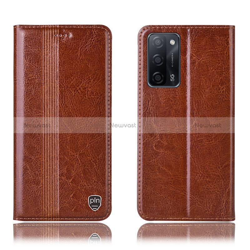 Leather Case Stands Flip Cover Holder H09P for Oppo A56 5G Light Brown