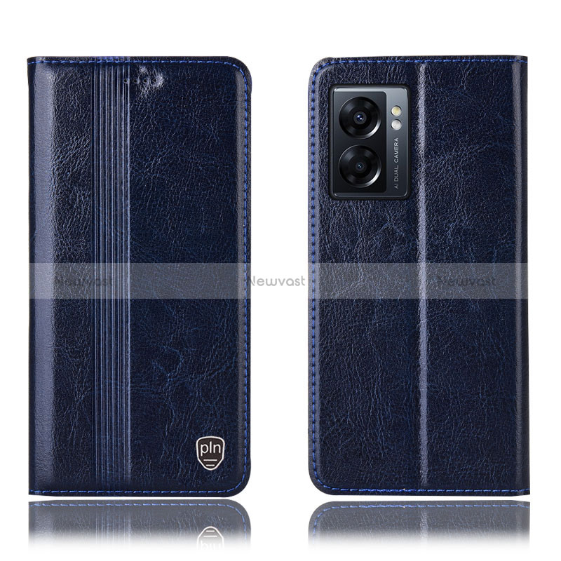 Leather Case Stands Flip Cover Holder H09P for Oppo A57 5G Blue