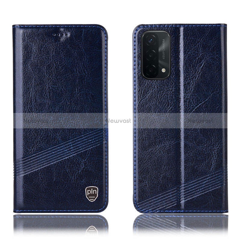 Leather Case Stands Flip Cover Holder H09P for Oppo A74 5G Blue