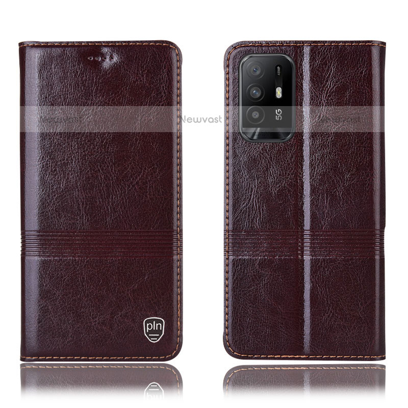 Leather Case Stands Flip Cover Holder H09P for Oppo F19 Pro+ Plus 5G Brown