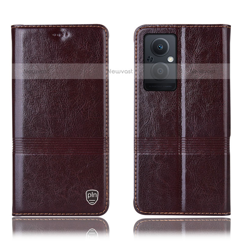 Leather Case Stands Flip Cover Holder H09P for Oppo F21 Pro 5G Brown
