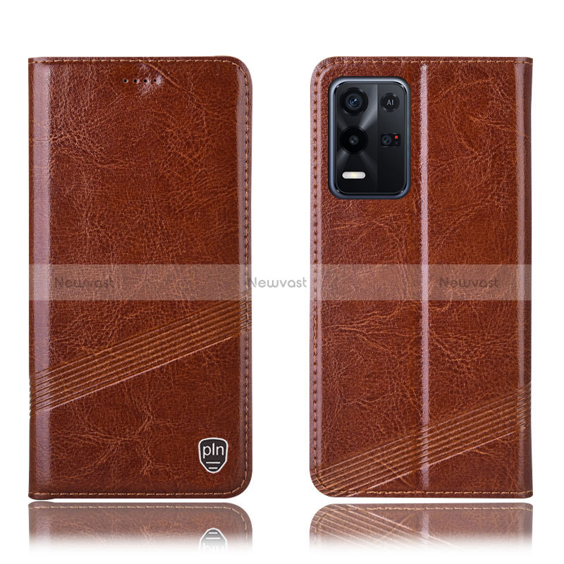 Leather Case Stands Flip Cover Holder H09P for Oppo K9X 5G Light Brown