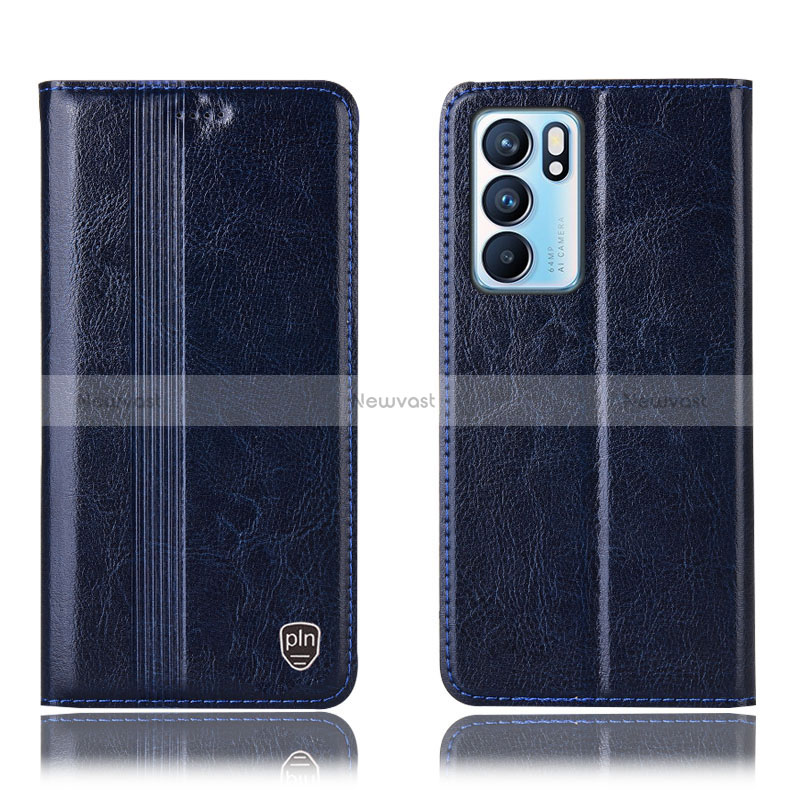 Leather Case Stands Flip Cover Holder H09P for Oppo Reno6 5G Blue