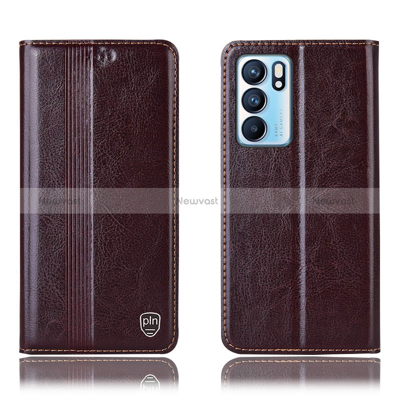 Leather Case Stands Flip Cover Holder H09P for Oppo Reno6 5G Brown