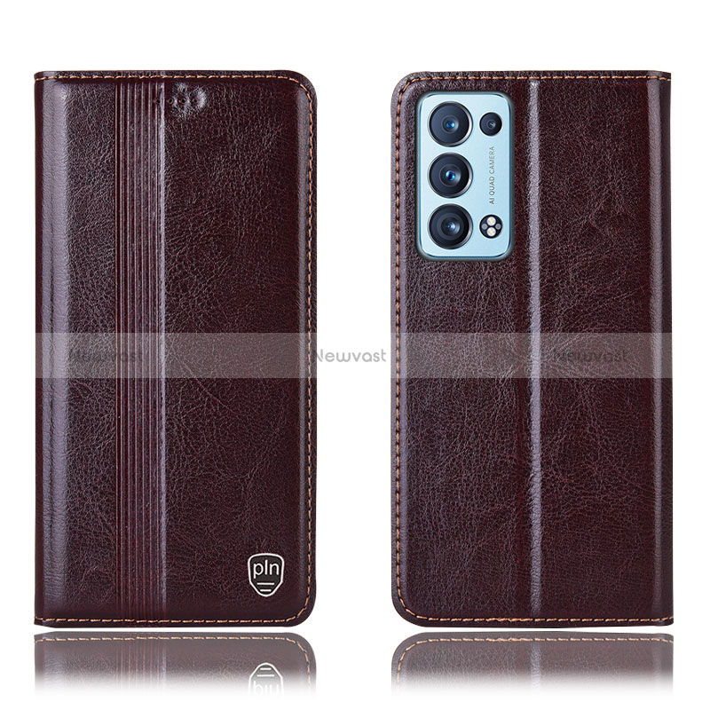 Leather Case Stands Flip Cover Holder H09P for Oppo Reno6 Pro 5G Brown