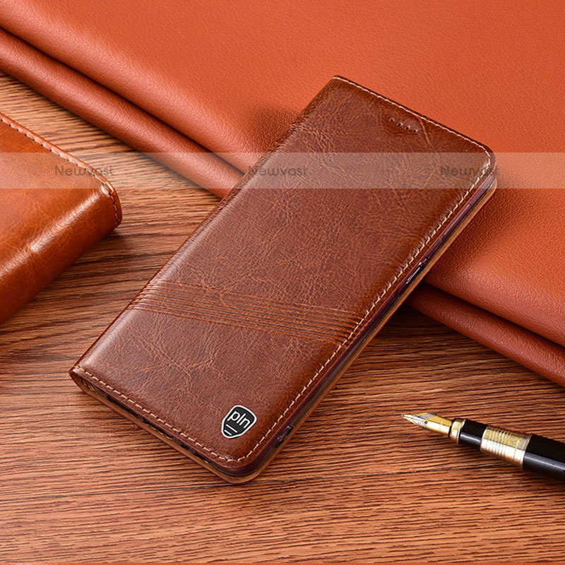 Leather Case Stands Flip Cover Holder H09P for Samsung Galaxy M21 Light Brown