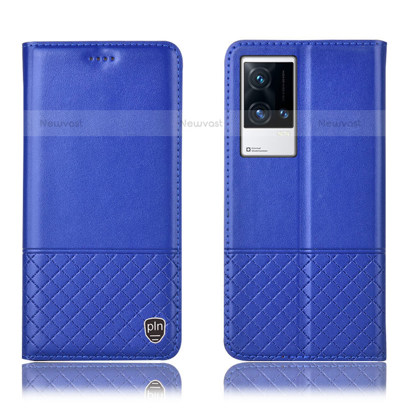 Leather Case Stands Flip Cover Holder H09P for Vivo iQOO 8 5G Blue