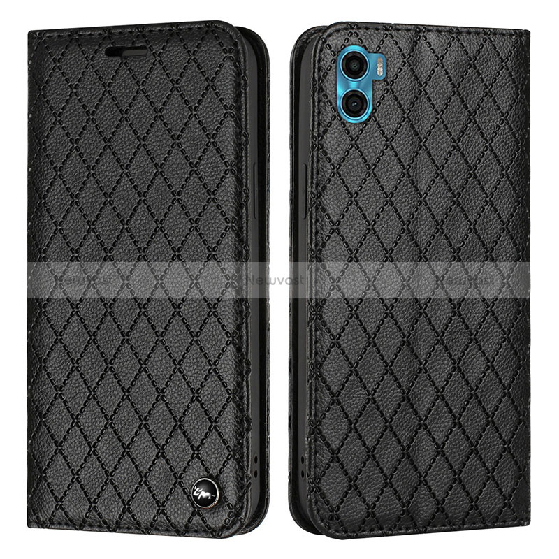 Leather Case Stands Flip Cover Holder H09X for Motorola Moto E22S Black