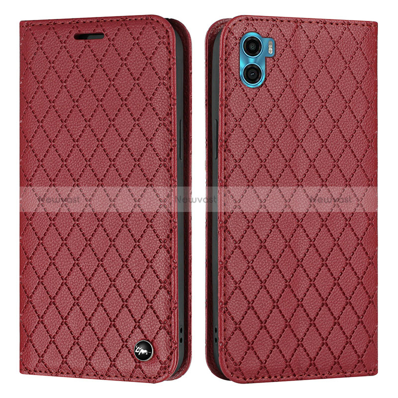 Leather Case Stands Flip Cover Holder H09X for Motorola Moto E22S Red