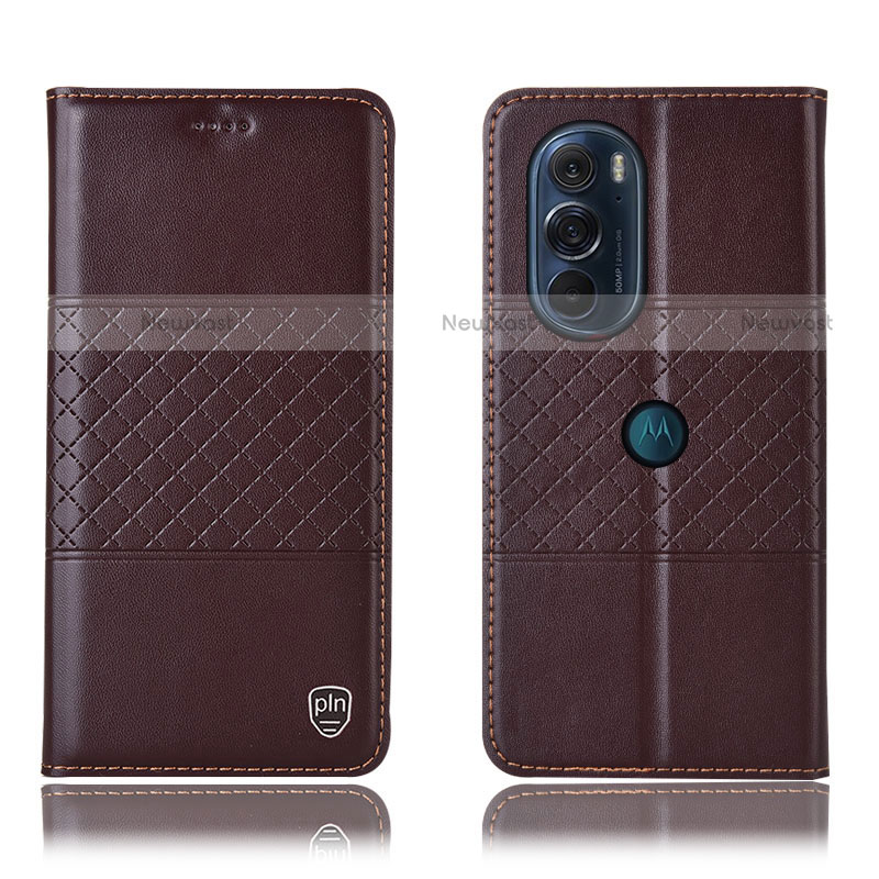 Leather Case Stands Flip Cover Holder H10P for Motorola Moto Edge 30 Pro 5G Brown