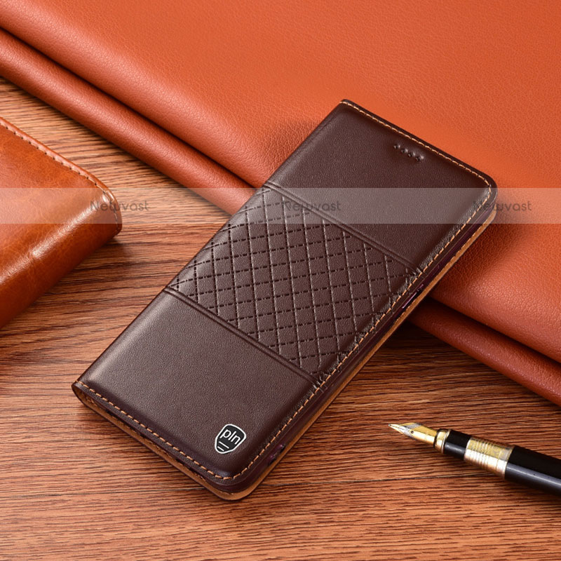 Leather Case Stands Flip Cover Holder H10P for Motorola Moto G Play (2023) Brown