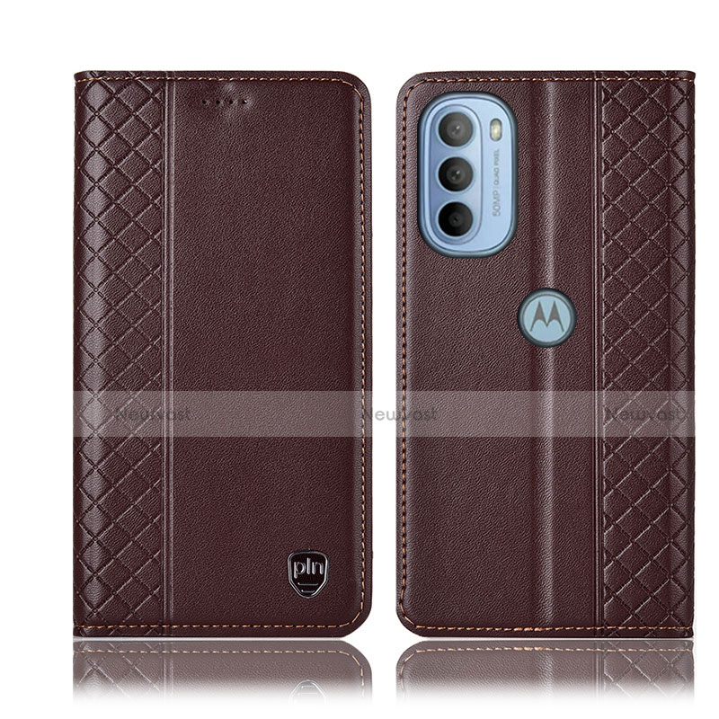 Leather Case Stands Flip Cover Holder H10P for Motorola Moto G41 Brown