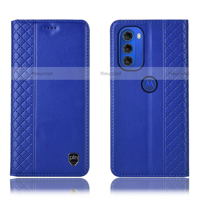 Leather Case Stands Flip Cover Holder H10P for Motorola Moto G51 5G Blue