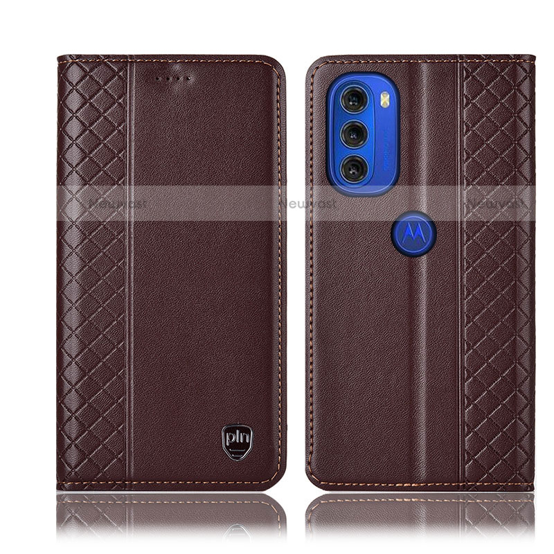 Leather Case Stands Flip Cover Holder H10P for Motorola Moto G51 5G Brown