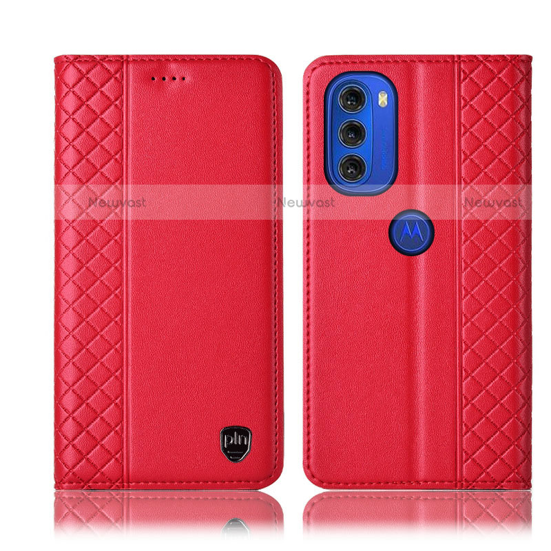 Leather Case Stands Flip Cover Holder H10P for Motorola Moto G51 5G Red