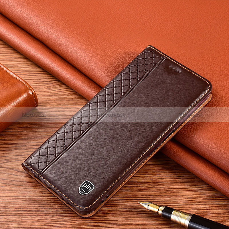 Leather Case Stands Flip Cover Holder H10P for Motorola Moto G53j 5G Brown
