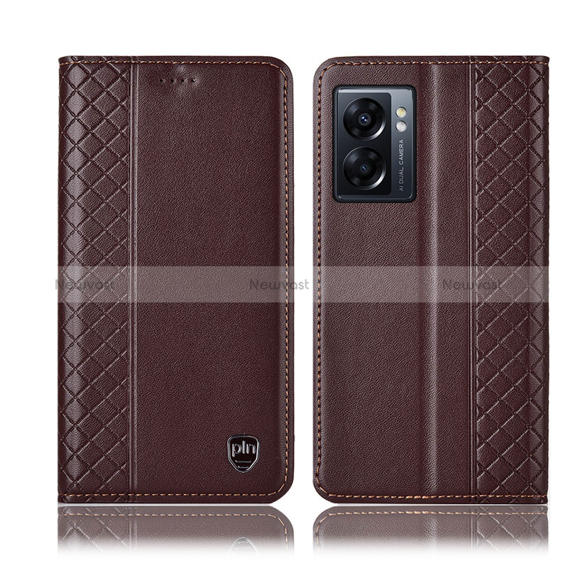 Leather Case Stands Flip Cover Holder H10P for Oppo A56S 5G Brown