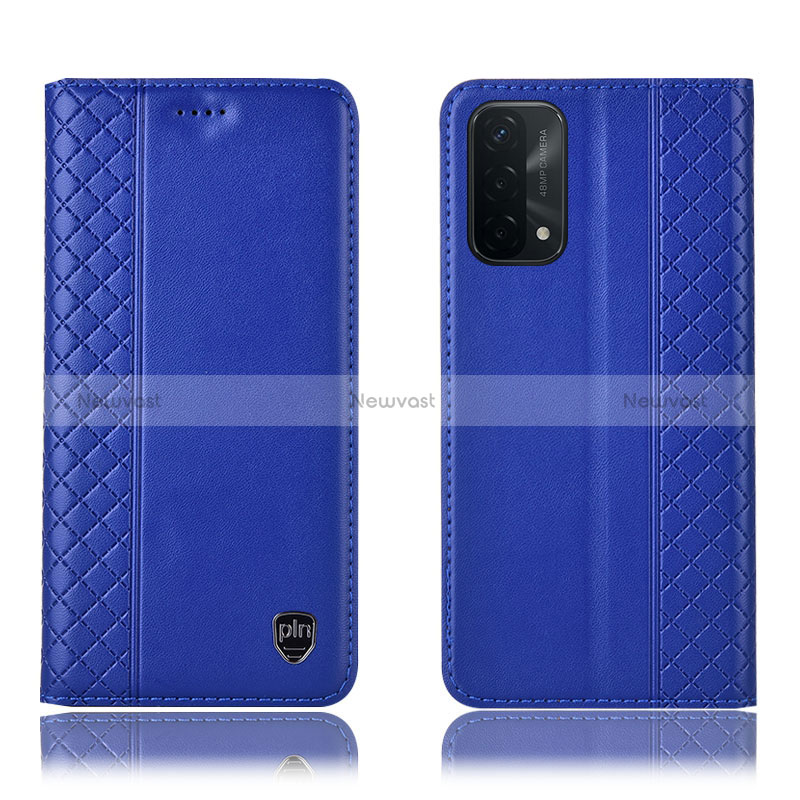 Leather Case Stands Flip Cover Holder H10P for Oppo A74 5G Blue