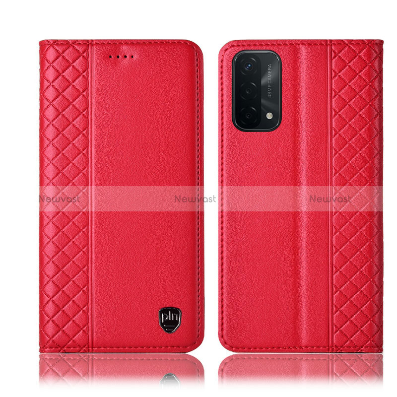 Leather Case Stands Flip Cover Holder H10P for Oppo A74 5G Red