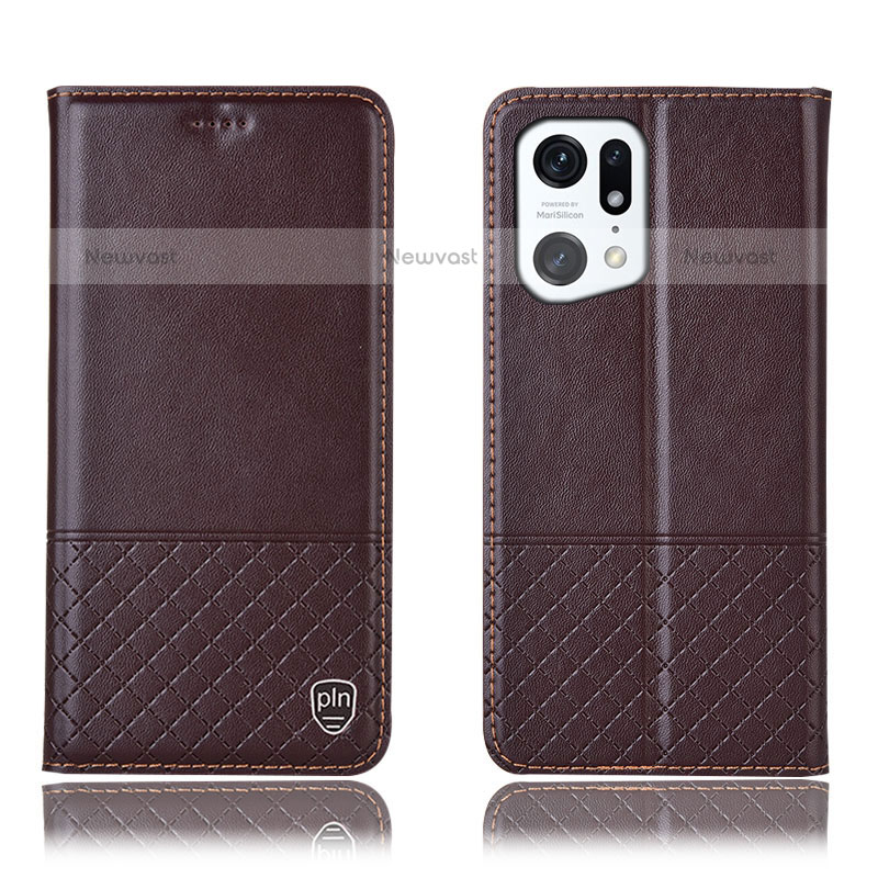 Leather Case Stands Flip Cover Holder H10P for Oppo Find X5 Pro 5G Brown