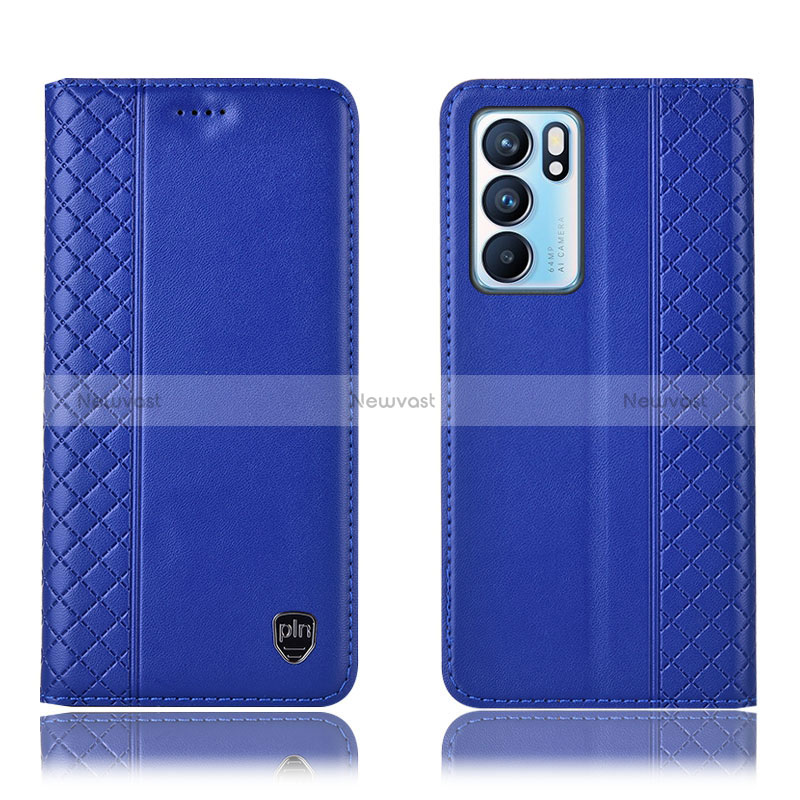 Leather Case Stands Flip Cover Holder H10P for Oppo Reno6 5G Blue