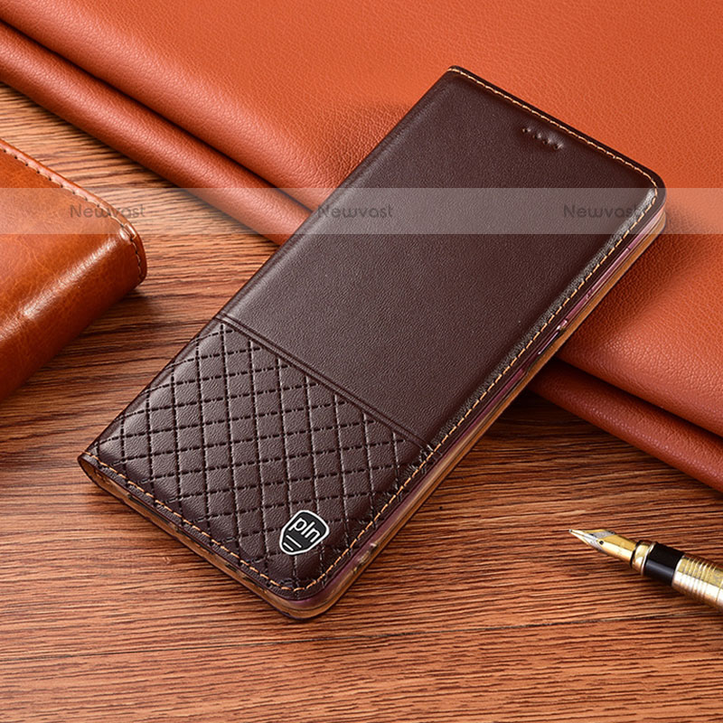 Leather Case Stands Flip Cover Holder H10P for Samsung Galaxy A91 Brown
