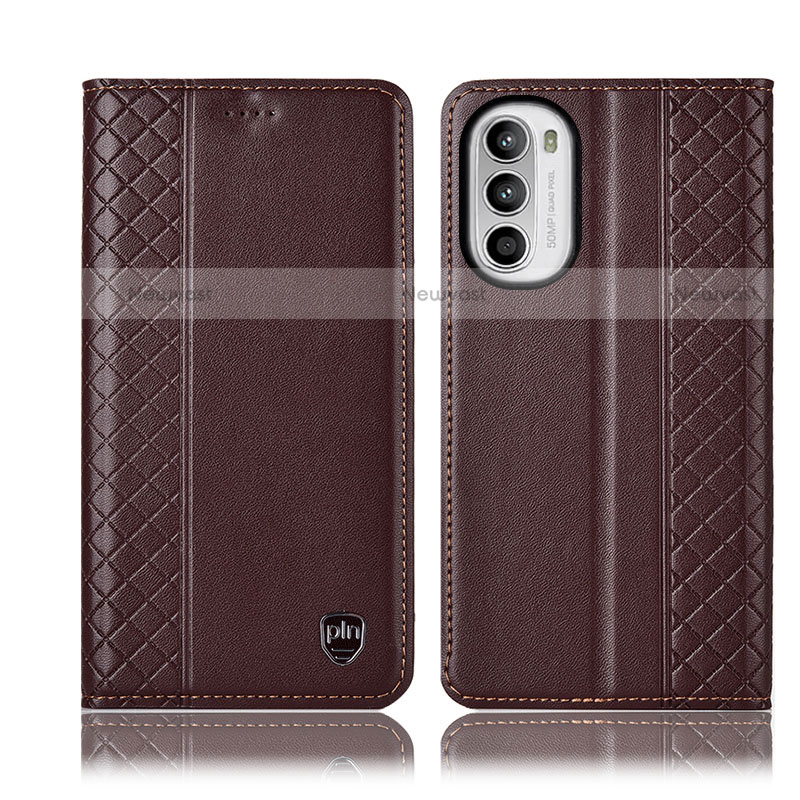 Leather Case Stands Flip Cover Holder H11P for Motorola Moto Edge (2022) 5G Brown