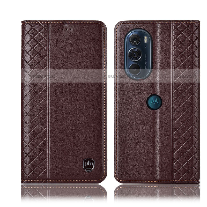 Leather Case Stands Flip Cover Holder H11P for Motorola Moto Edge 30 Pro 5G Brown