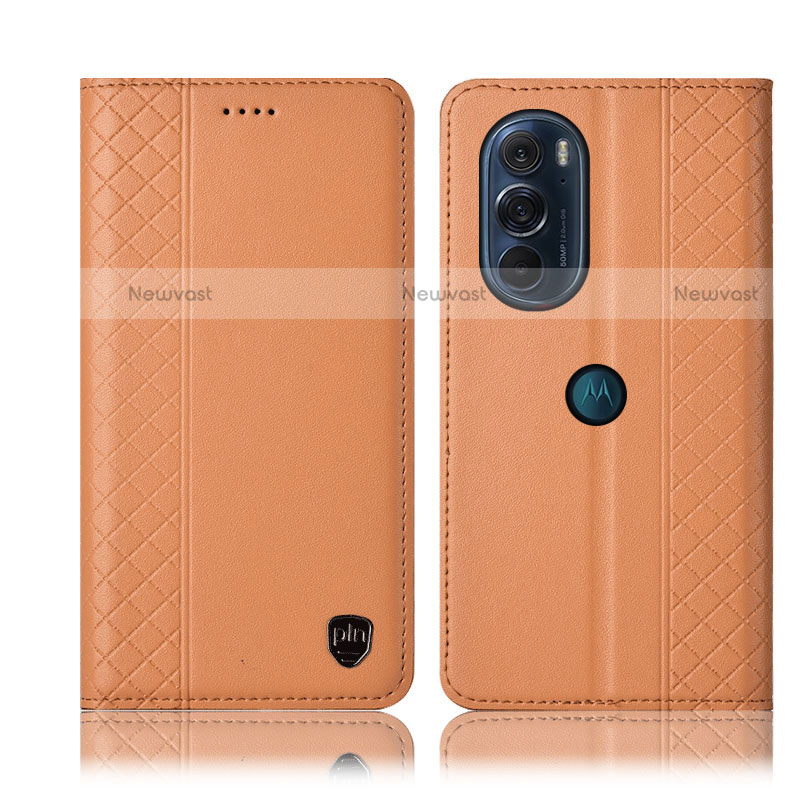 Leather Case Stands Flip Cover Holder H11P for Motorola Moto Edge Plus (2022) 5G Orange