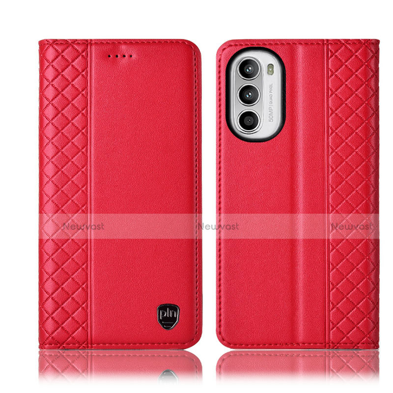 Leather Case Stands Flip Cover Holder H11P for Motorola MOTO G52 Red