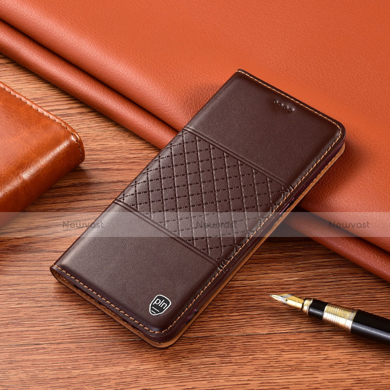 Leather Case Stands Flip Cover Holder H11P for Motorola Moto G60 Brown