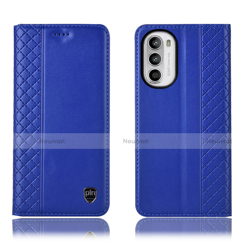 Leather Case Stands Flip Cover Holder H11P for Motorola Moto G82 5G Blue