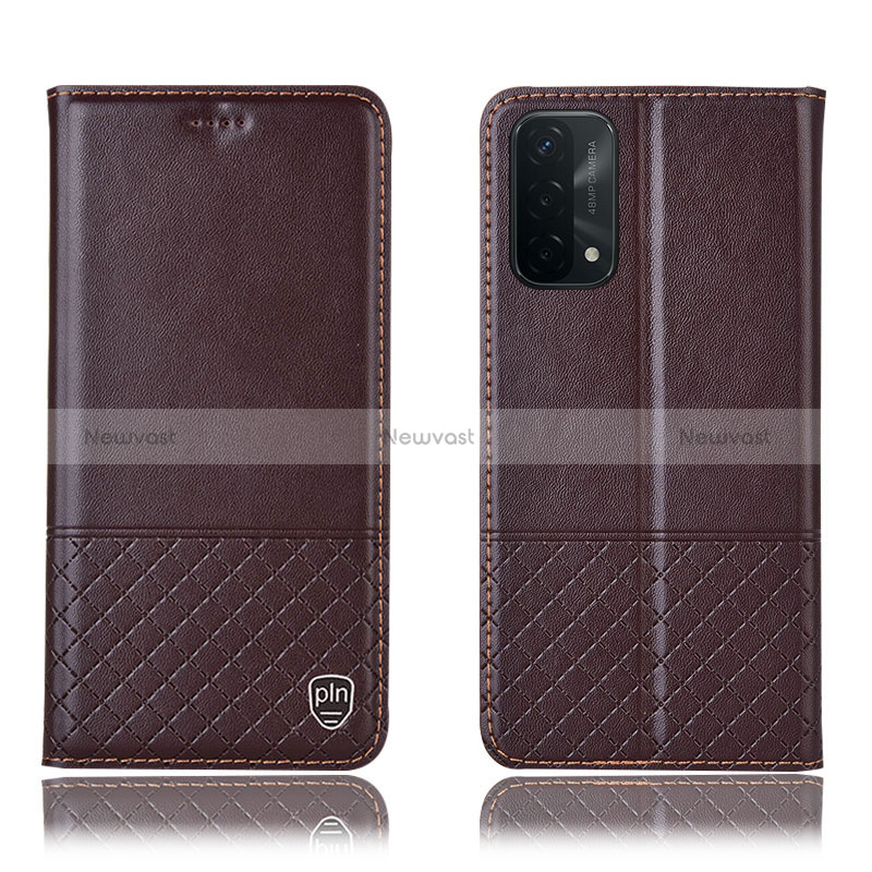 Leather Case Stands Flip Cover Holder H11P for Oppo A54 5G Brown