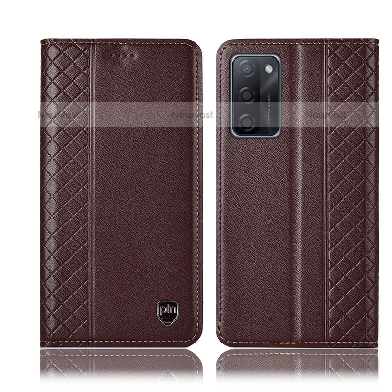 Leather Case Stands Flip Cover Holder H11P for Oppo A55S 5G Brown