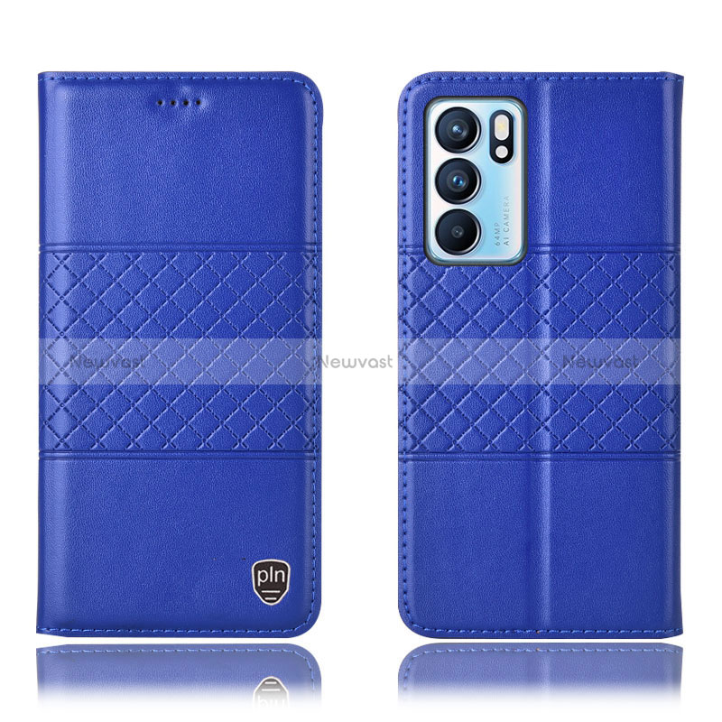 Leather Case Stands Flip Cover Holder H11P for Oppo Reno6 5G Blue