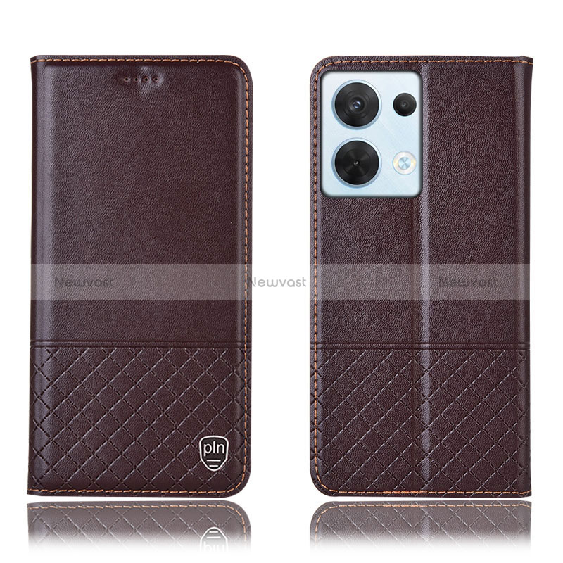 Leather Case Stands Flip Cover Holder H11P for Oppo Reno9 5G Brown