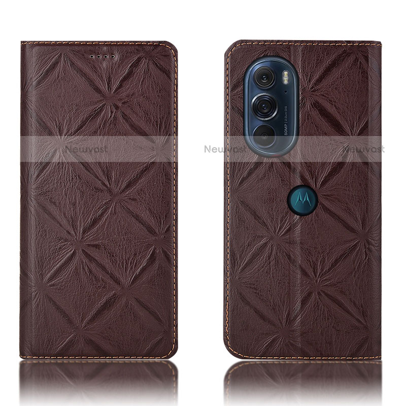 Leather Case Stands Flip Cover Holder H15P for Motorola Moto Edge 30 Pro 5G Brown