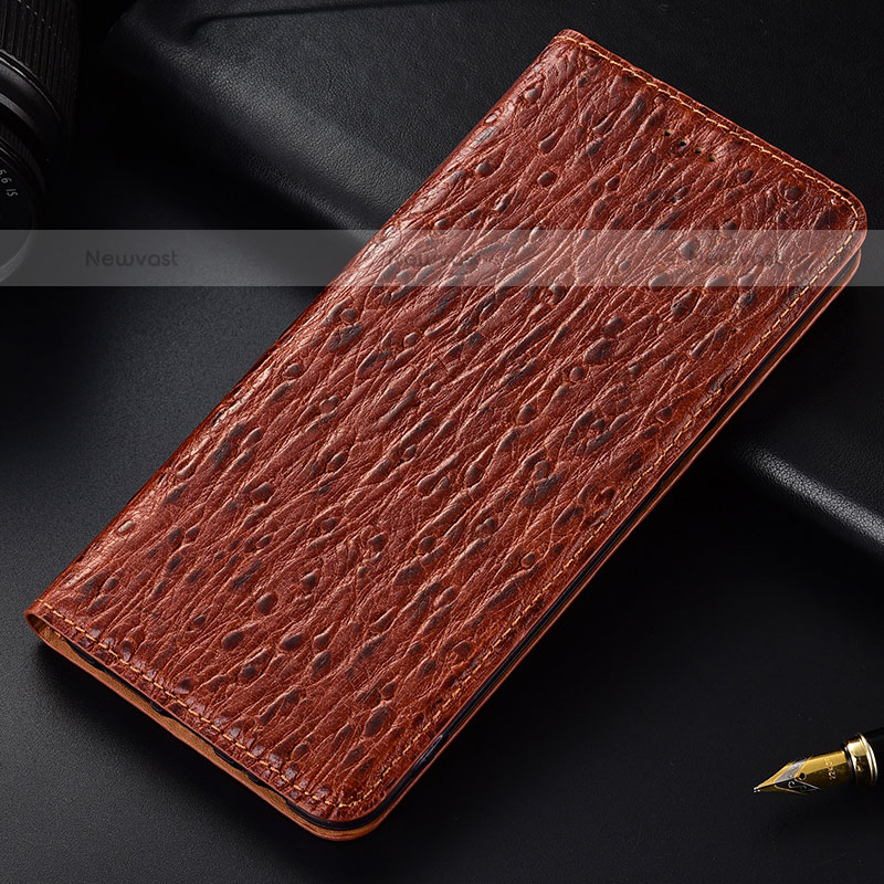 Leather Case Stands Flip Cover Holder H15P for Samsung Galaxy A12 Brown