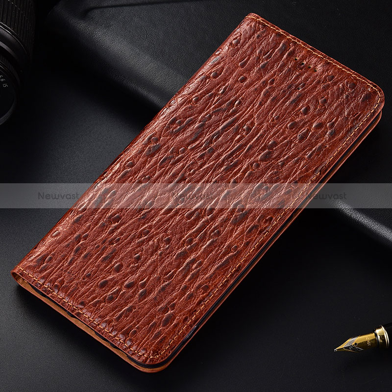 Leather Case Stands Flip Cover Holder H15P for Samsung Galaxy A12 Nacho Brown